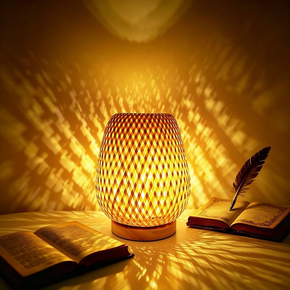 Piptyllite Wabi-Sabi Bamboo Table Lamp, Nordic Style Woven Bedside Light for Bedroom & Boho Decor