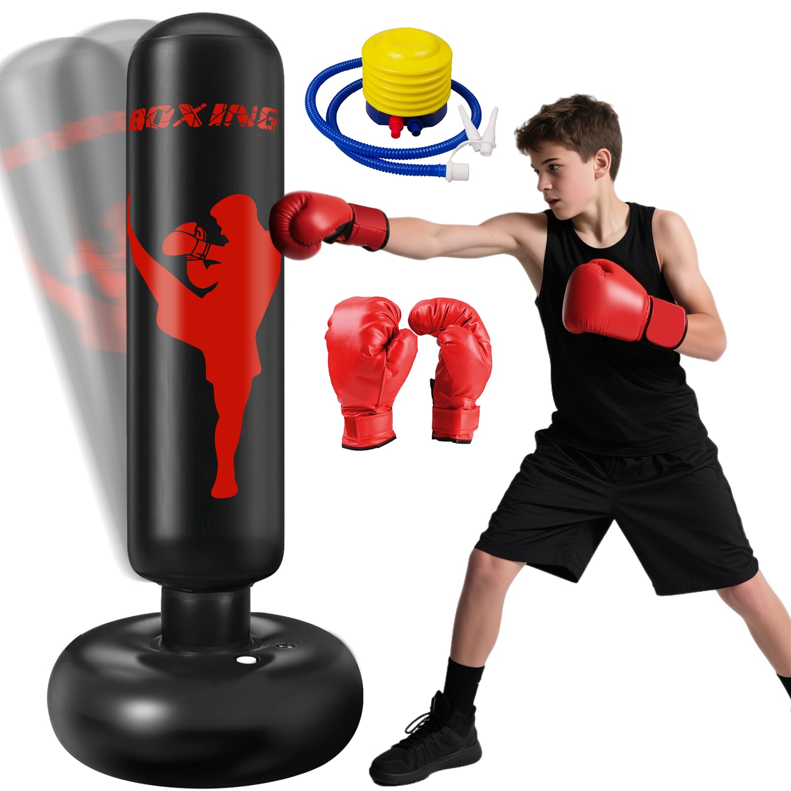 Ninonly Sacco da Boxe per Bambini 160cm con Guantoni e Pompa Punching Ball Bambini Perfetto per Allenamento a Casa, All'Aperto, Sacco Boxe da Terra Ideale