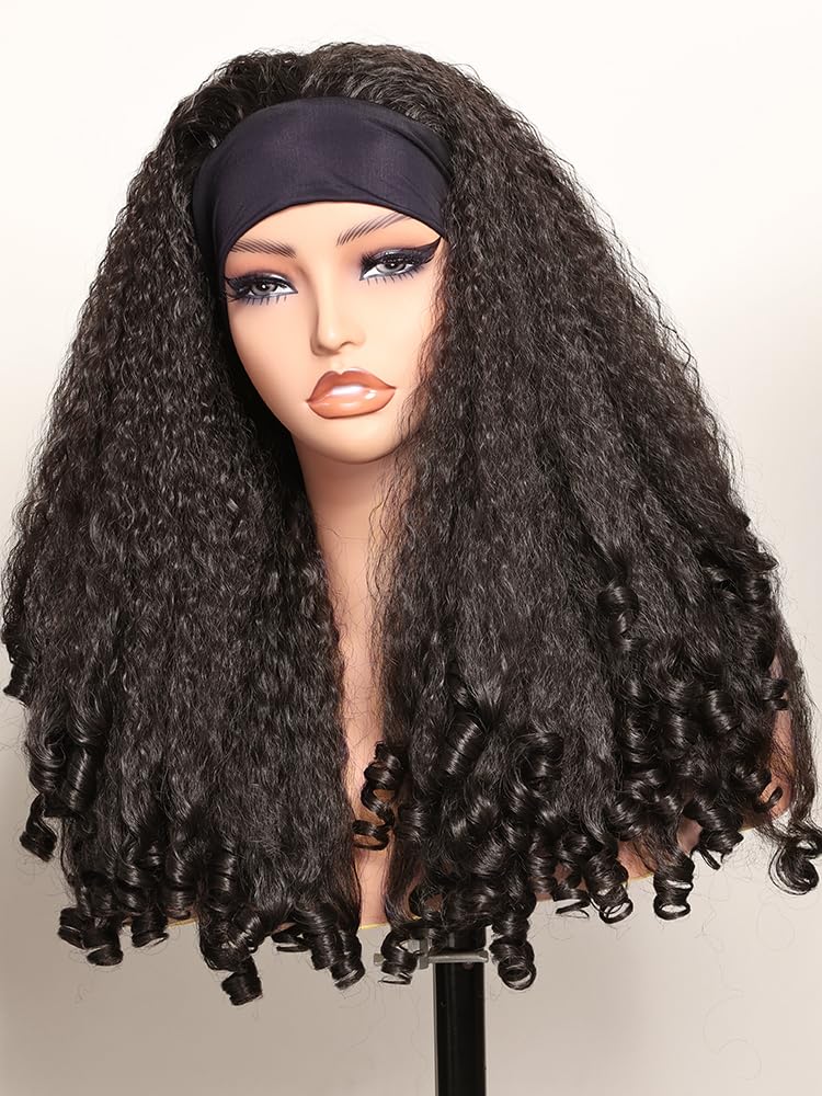 Photo 1 of New Afro Curly Headband Wig Synthetic Braided Hair Texture with Unique Bouncy Curls in the End 20 Inch Soft Curly Headband Wigs for Black Women Dark Brown Blend Kinky 4C Hair