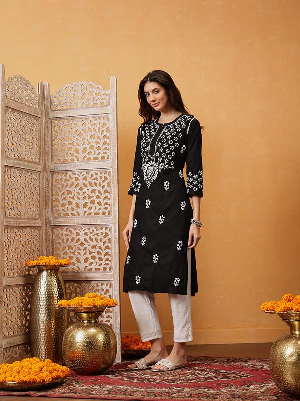 Image of Ada Hand Embroidered Lucknow Chikankari Straight Cotton Kurta Kurti Tunic for Women A411475 White