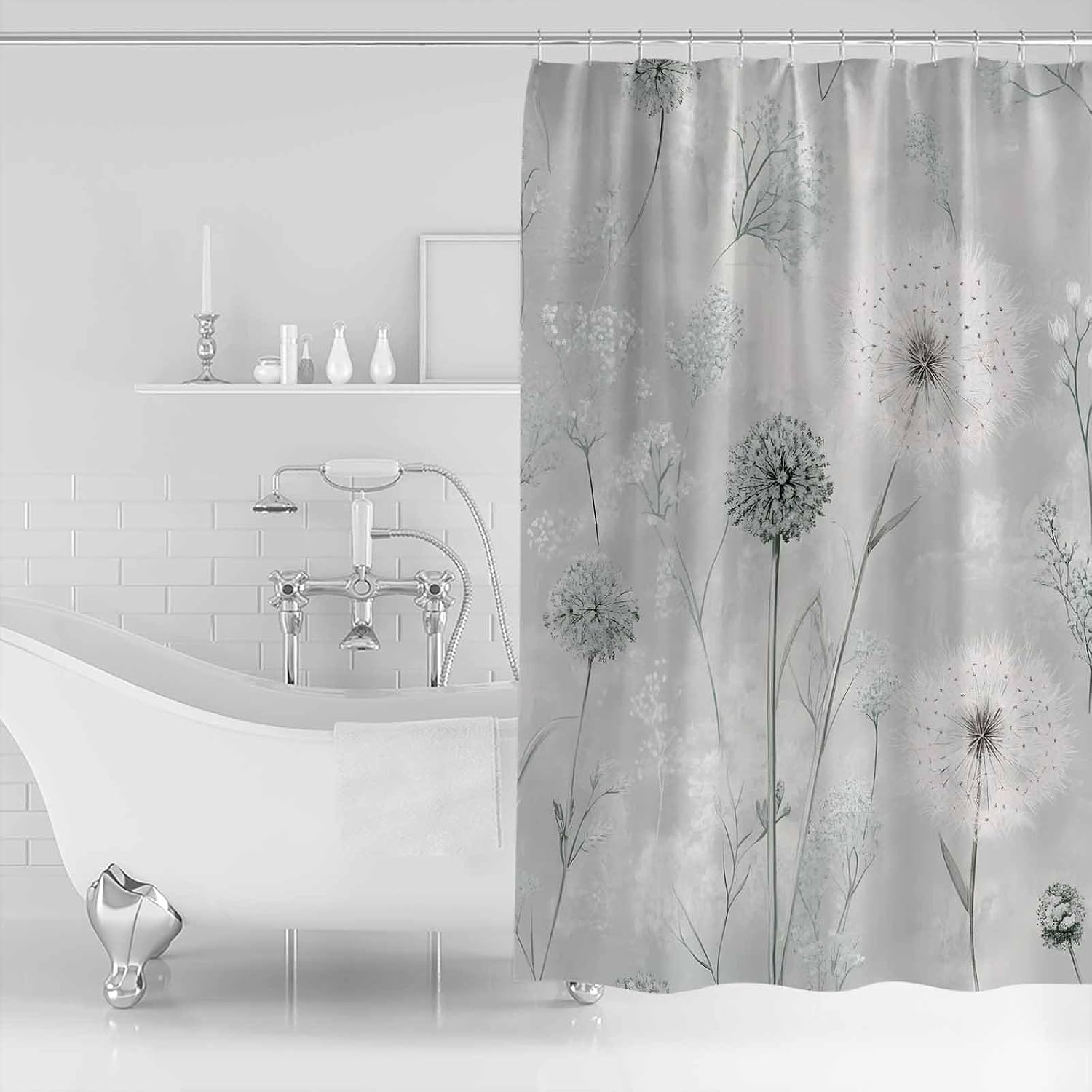 White Green Dandelion Shower Curtain, Stall Shower Curtains for Bathroom/Bathtub, Grey Floral Leaves Waterproof Fabric Bathroom Curtain Set with 12 Hooks, Standard 72" x 72"