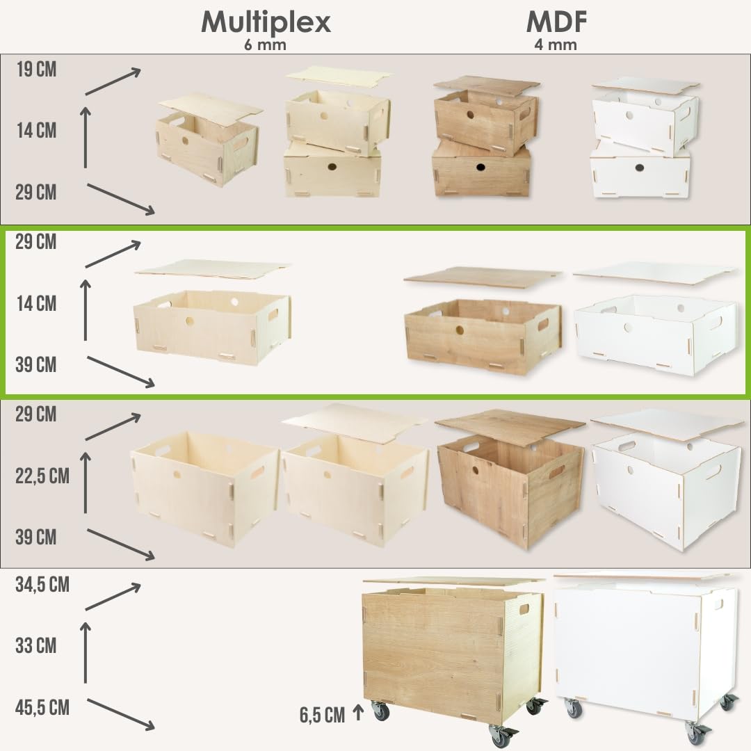 clipfritz - Opbergkist met deksel 39x29x22,5 cm (stapelbare houten MDF-kist) - Opbergkisten met handgrepen - Opbergbak voor boeken, speelgoed, kinderkamer, kantoor – om te sorteren en op te ruimen