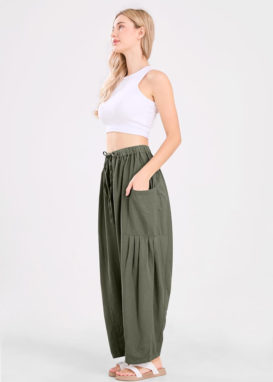 utcoco Womens Baggy Linen Pants Casual Loose Fit Drawstring Wide Leg Harem Pants with Pocket - Image 6