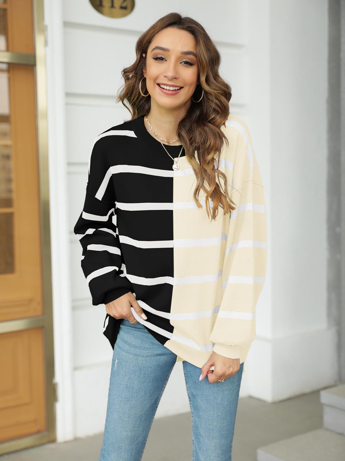 Fisoew Pull rayé à col rond et manches longues pour femme | Fisoew Pull rayé à col rond et manches longues en tricot aux couleurs contrastées décontracté ample et léger pour femme