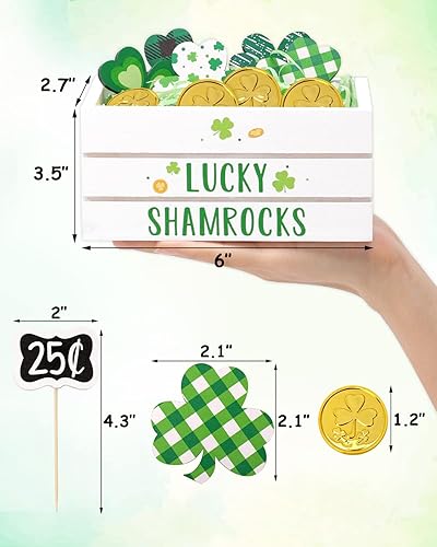 Vista 4 de Decoraciones del día de San Patricio, juego de cajas de madera de tréboles de la suerte con letrero de precio, monedas, decoración de bandeja
