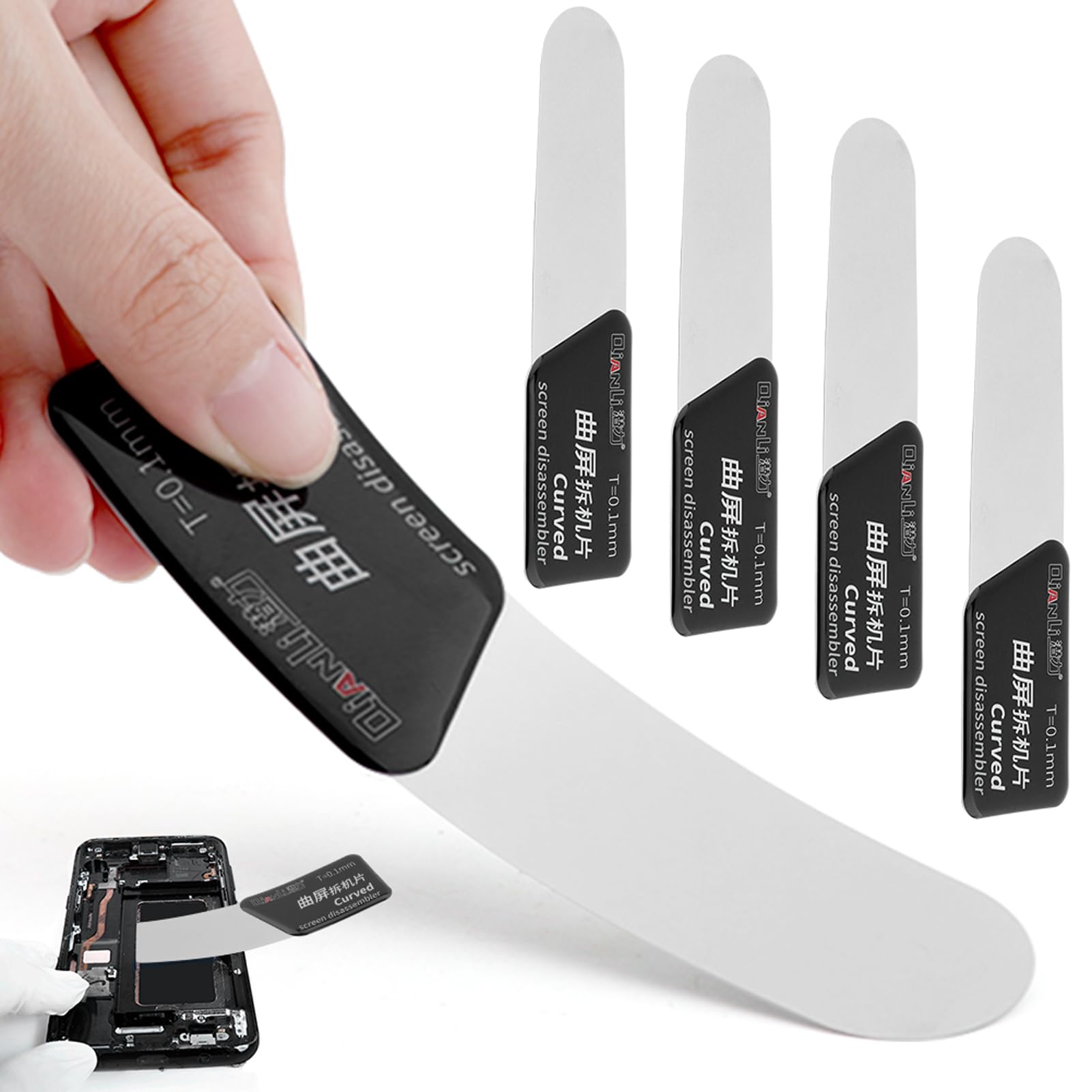 5 strumenti a leva per smontaggio, ultra sottili, separati, curvi, lama in acciaio inox, strumento di riparazione per schermo LCD curvo per smartphone (5 pezzi)