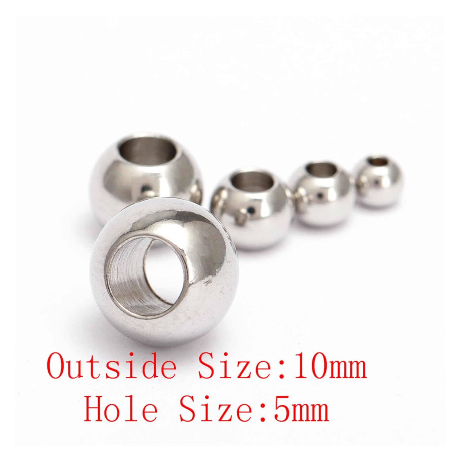 Koraliki z dużym otworem, Opakowanie 50 kulek ze stali nierdzewnej w kształcie pustych, okrągłych z dużym otworem, różne rozmiary(Silver-10mm With 5mm Hole)
