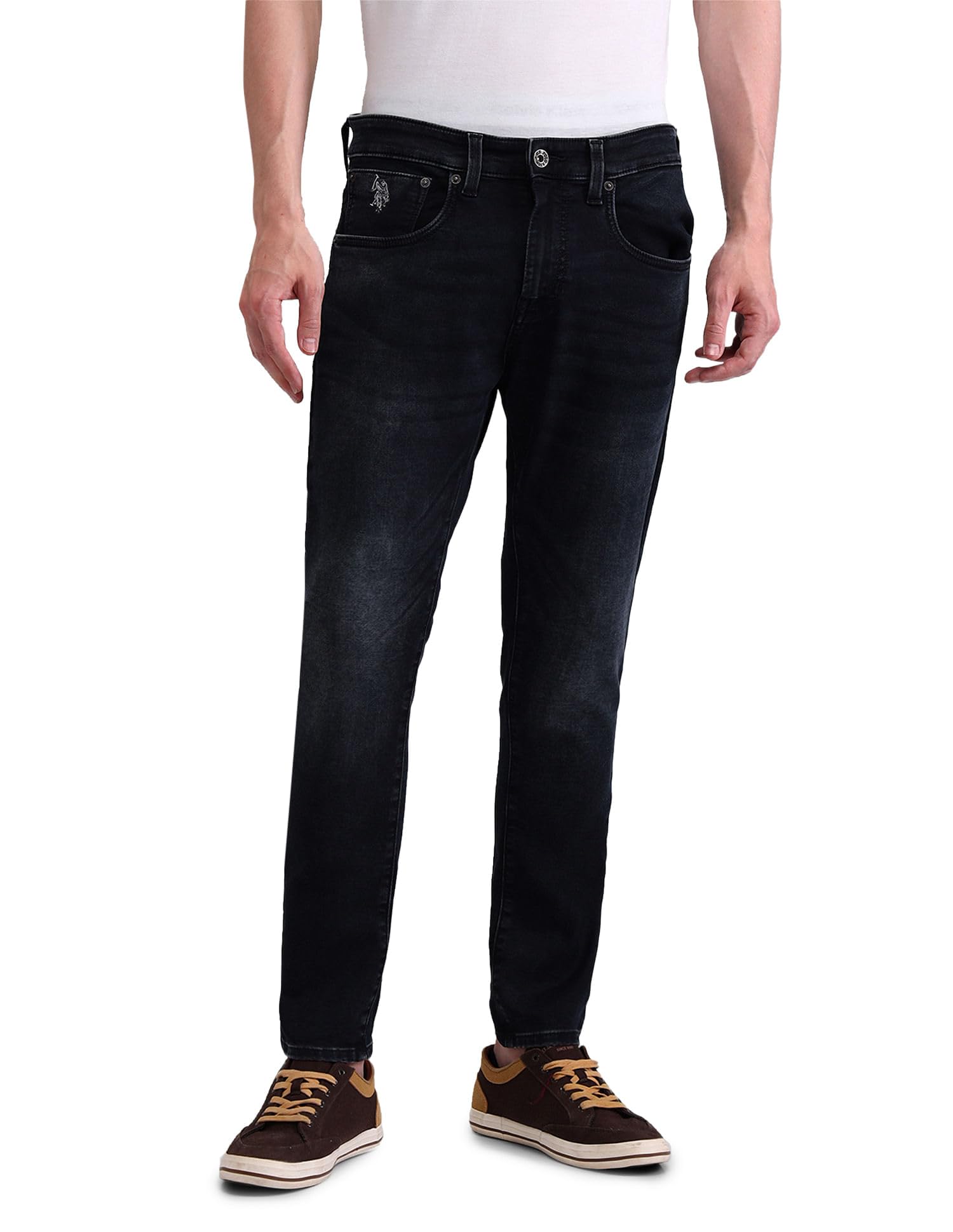 US Polo Association Men's Blue Solid Mid Rise Light Button Slim Jeans (UDJEN1367_Blue_30)-image-1