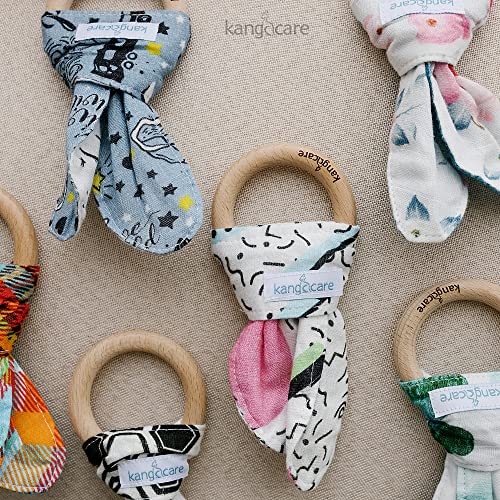 Image of Kanga Care Baby Soft Muslin Sensory Crinkle Bunny Ear Wood Teething Ring - Radical 80's