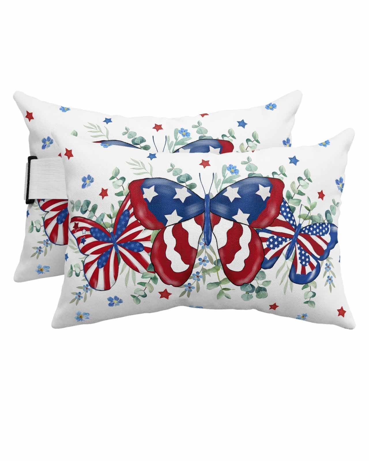 Anzona Pack of 2 4th of July Butterfly Lumbar Pillow Covers, Outdoor Waterproof Throw Pillow Covers Set, Blue Red Star Watercolor Botanical Decorative Cushion Case for Patio Beach, 11x16 Inch
