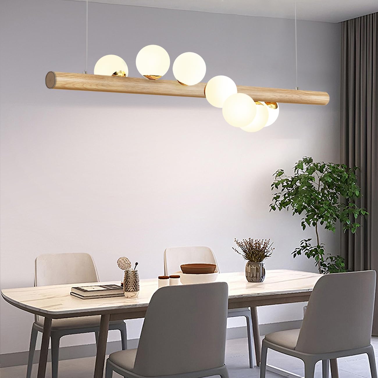 Lampada a sospensione Legno Lampada da tavolo da pranzo Vintage,La trave di legno è lunga 120 cm, con 7 sfere di vetro - regolabile in altezza,Lampadario per Della Bar Sala da Pranzo