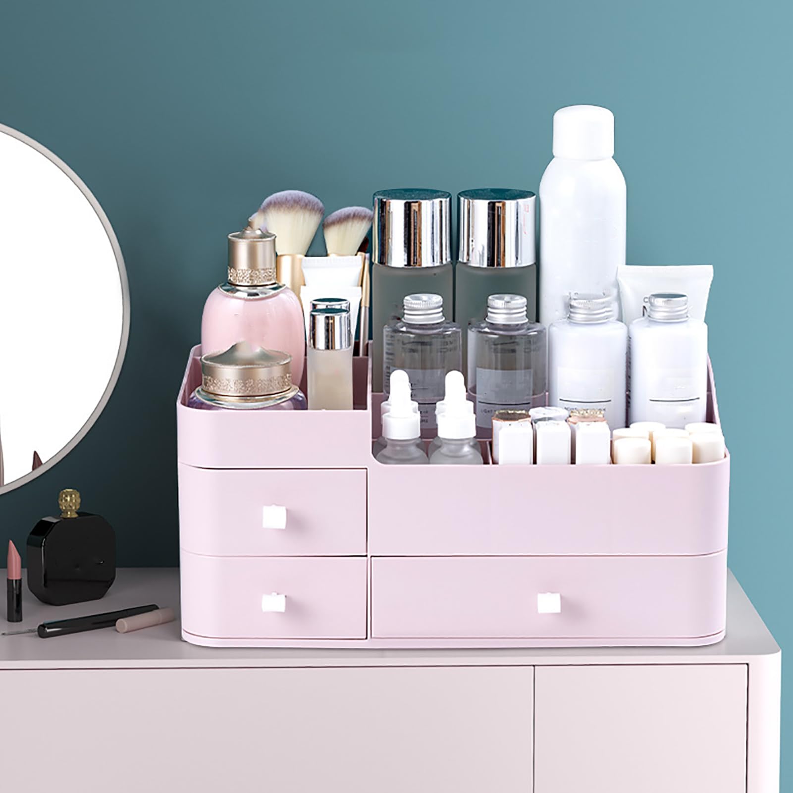 Organisateur de maquillage avec tiroirs, boîte de rangement pour cosmétiques, vitrine de beauté en plastique pour pinceaux de maquillage, rouges à lèvres, palette de fards