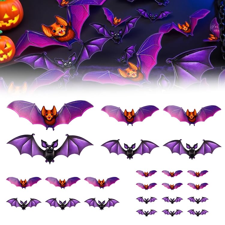 Image of 3D Bat Design LED Decoration Halloween Light up Glowing Bats Decor, Purple | 2026 New Lighted 3D Bat Stickers for Halloween Indoor Outdoor Home 3D LED Bats Window Door Party Wall Decor