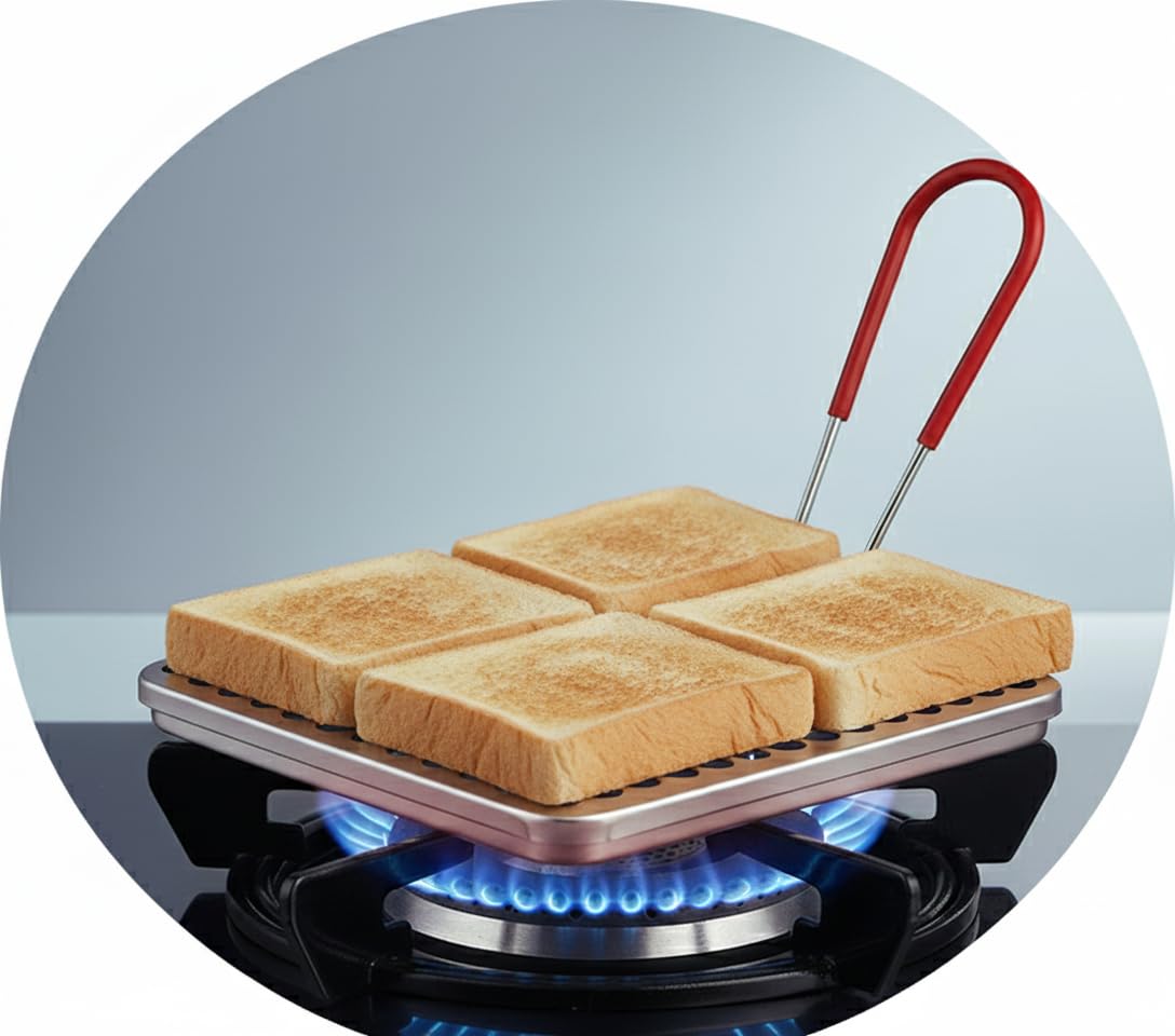 Grille-pain manuel inox pour gaz – Toaster camping et BBQ 22 x 22 cm avec manche isolant pliable – Pour griller pain, arepas, tortillas et viennoiseries à la maison ou en plein air