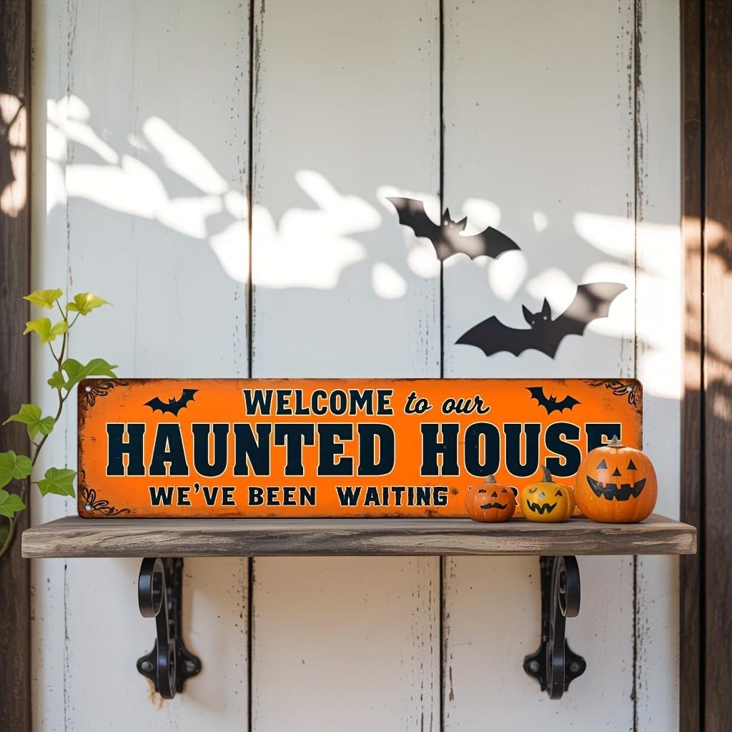 Halloween Haunted House Metal Tin Sign Welcome to Our Haunted House Vintage Rustic Wall Decor for Halloween Parties Farmhouse Entryways Living Rooms Kitchens & Offices 4x16 Inch image 5