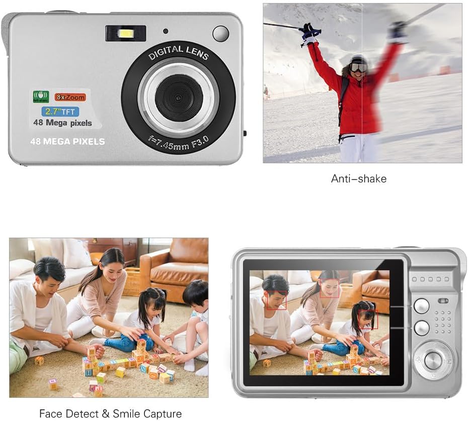 Examples of Anti-shake, Face Detect, and Smile Capture features on the Andoer Digital Camera D11773S.