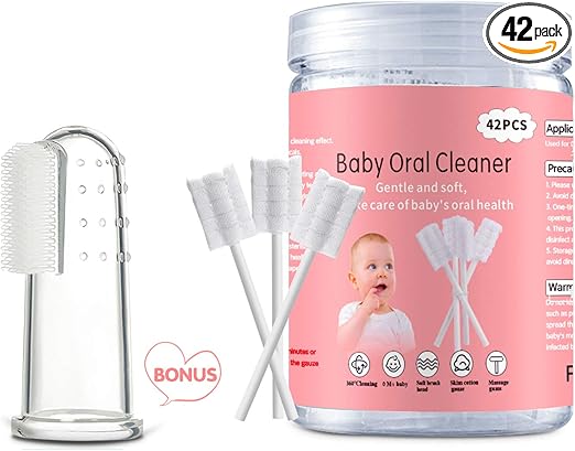 Baby Tongue Cleaner, Baby Toothbrush, 42Pcs Disposable Infant Toothbrush Clean Baby Mouth,Gauze Gum Cleaner Toothbrush Baby Oral Cleaning Stick Dental Care for 0-36 Month Baby+Free 1 Finger Toothbrush