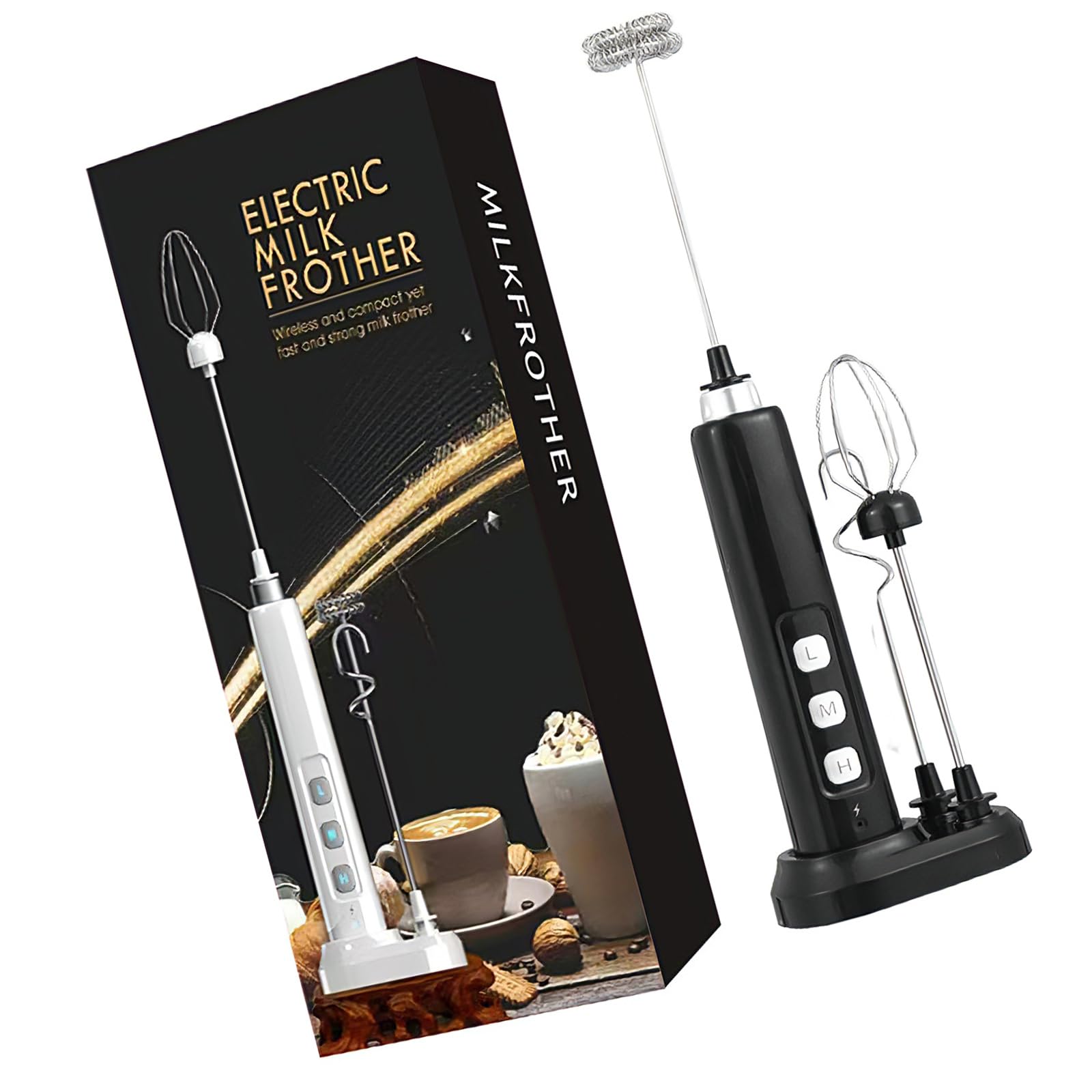 alloneslife Rechargeable Electric Milk Frother with Detachable Metal Heads 3 Speed Modes 1200mAh for Coffee and Baking Multifunction Electric Whisk