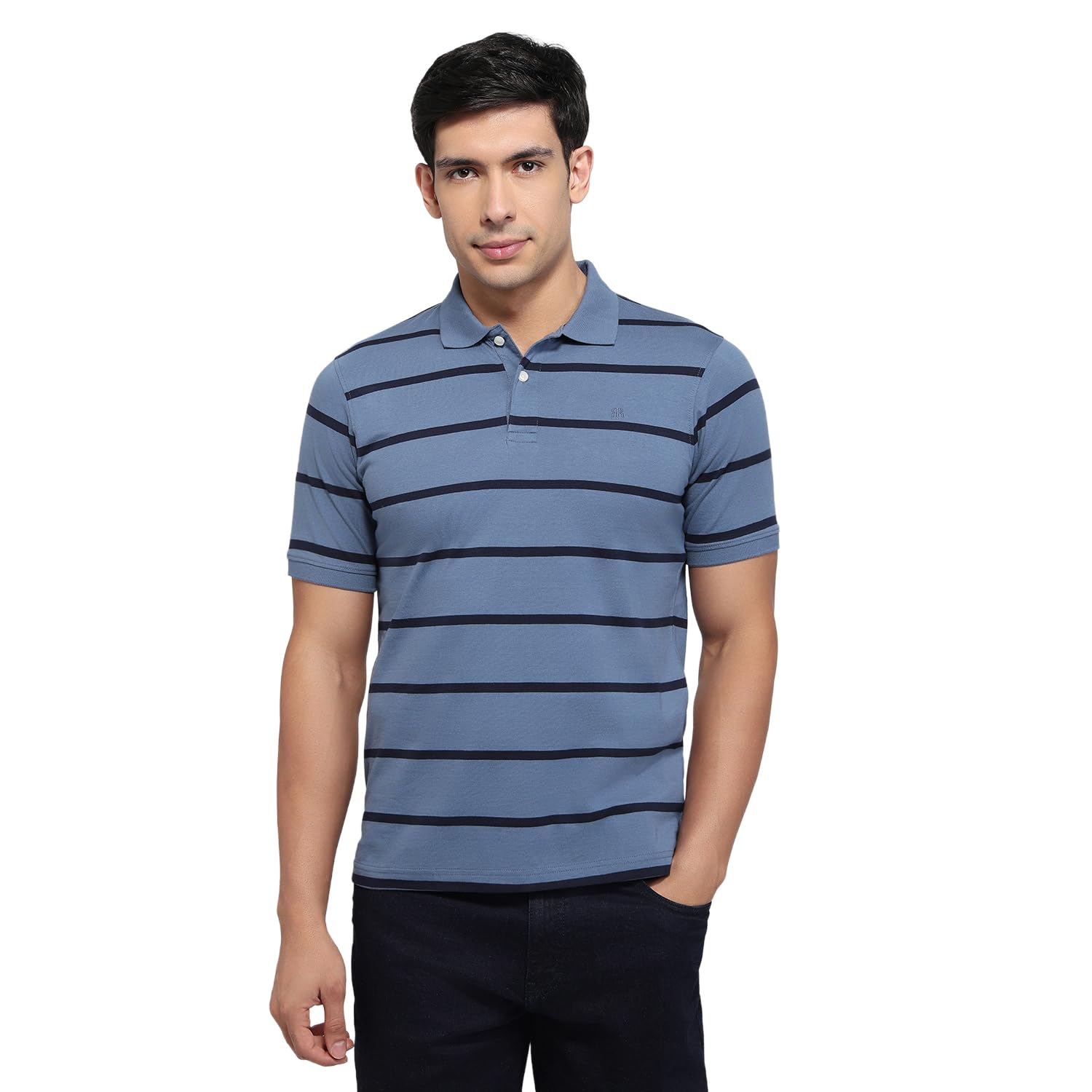 Raymond Men Modern Fit Stripe Pattern Pure Cotton Polo Neck Half Sleeve Casual T-Shirt-image-43