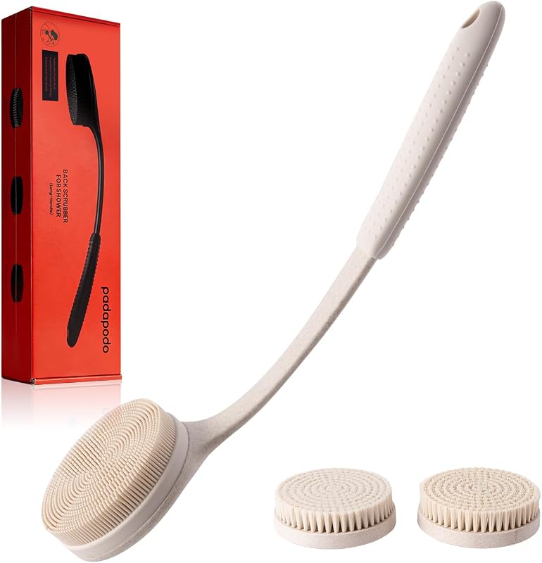Escova de banho corporal de silicone PADAPODO com cabo longo, 3 cabeças e gancho, bege