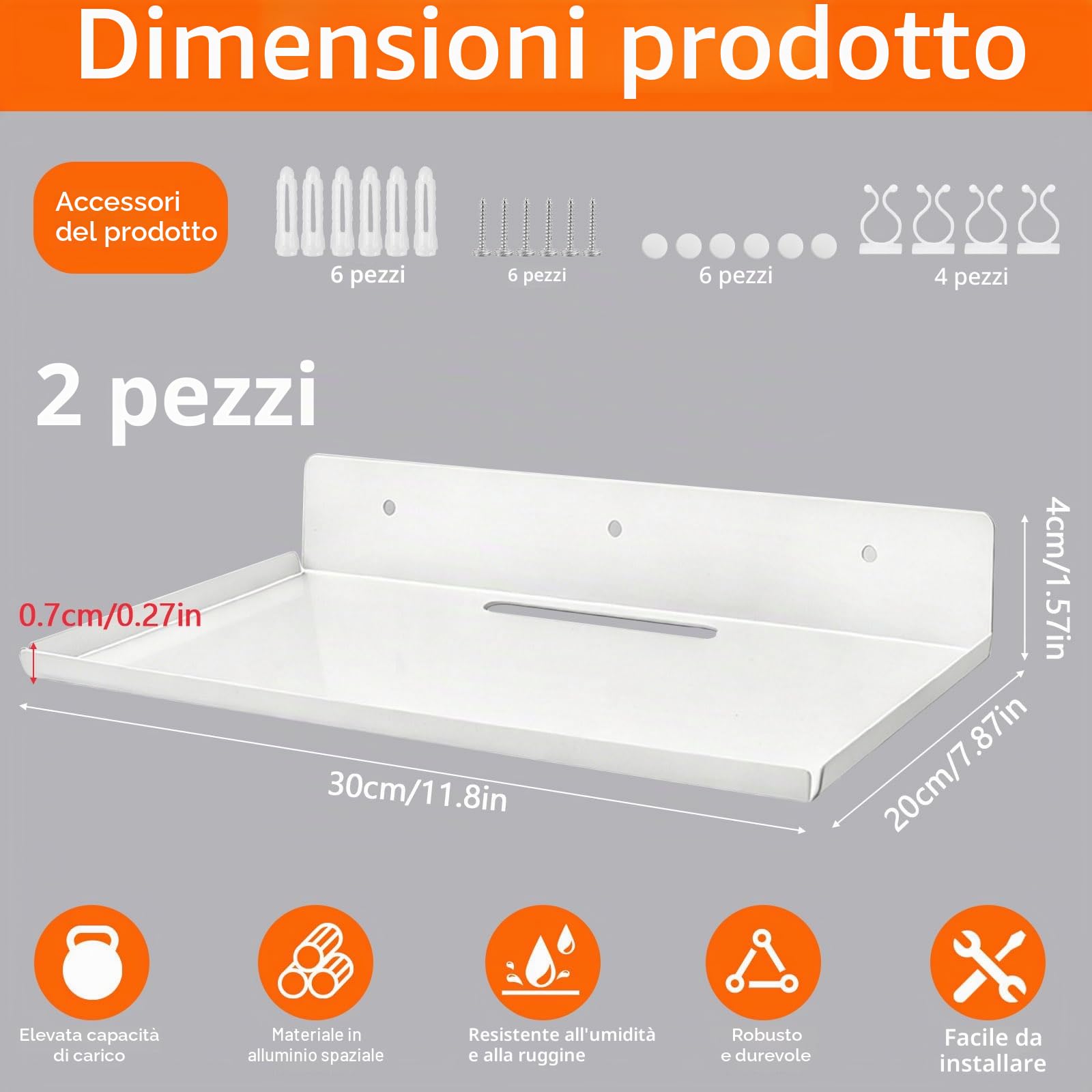 2 Pcs Mensole da Muro Metallo – Mensole Sospese Bianche con Fori per Cavi, Capacità di Carico 6 Kg, Mensola da Parete Senza Foratura per Soggiorno Camera da Letto Cucina Bagno, 30 × 20 x 4 cm