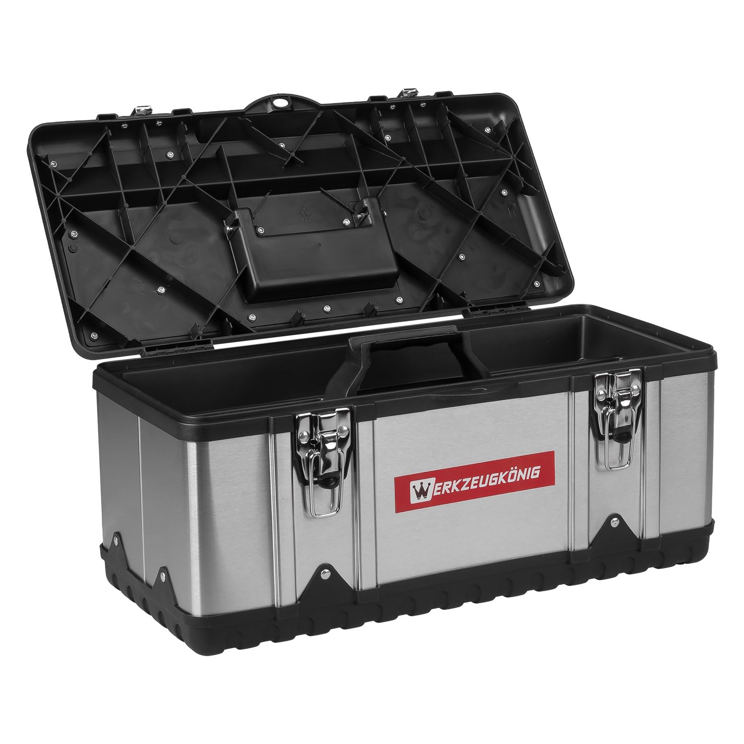 Werkzeugkoffer leer Edelstahl 47 x 24 x 21 cm Werkzeugkasten mit herausnehmbarer Ablage, Werkzeugkiste mit Organizer für Werkzeuge, robuster Koffer mit Metallschließen, inkl. Griff