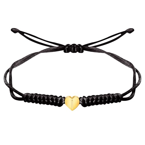 Vista 53 de Dainty Gold Heart Love Charm Initial Bracelet Black Pink Red String Rope Letter Bracelet for Girls Boys Women Men Christmas Gift (Red, J)