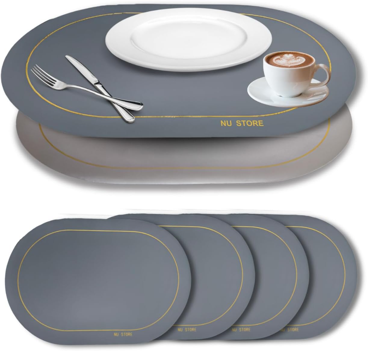 Faux Leather Kitchen Placemats Set of 4 (Grey), 17.9X12, Gray