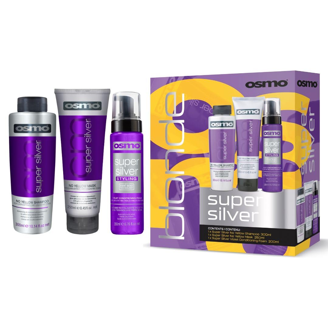 OSMO Super Silver Gift Pack - No Yellow Shampoo, Mask & Violet Conditioning Foam | Neutralises Yellow Tones, Enhances Blonde & Grey Hair, Sulphate-Free, Cruelty-Free