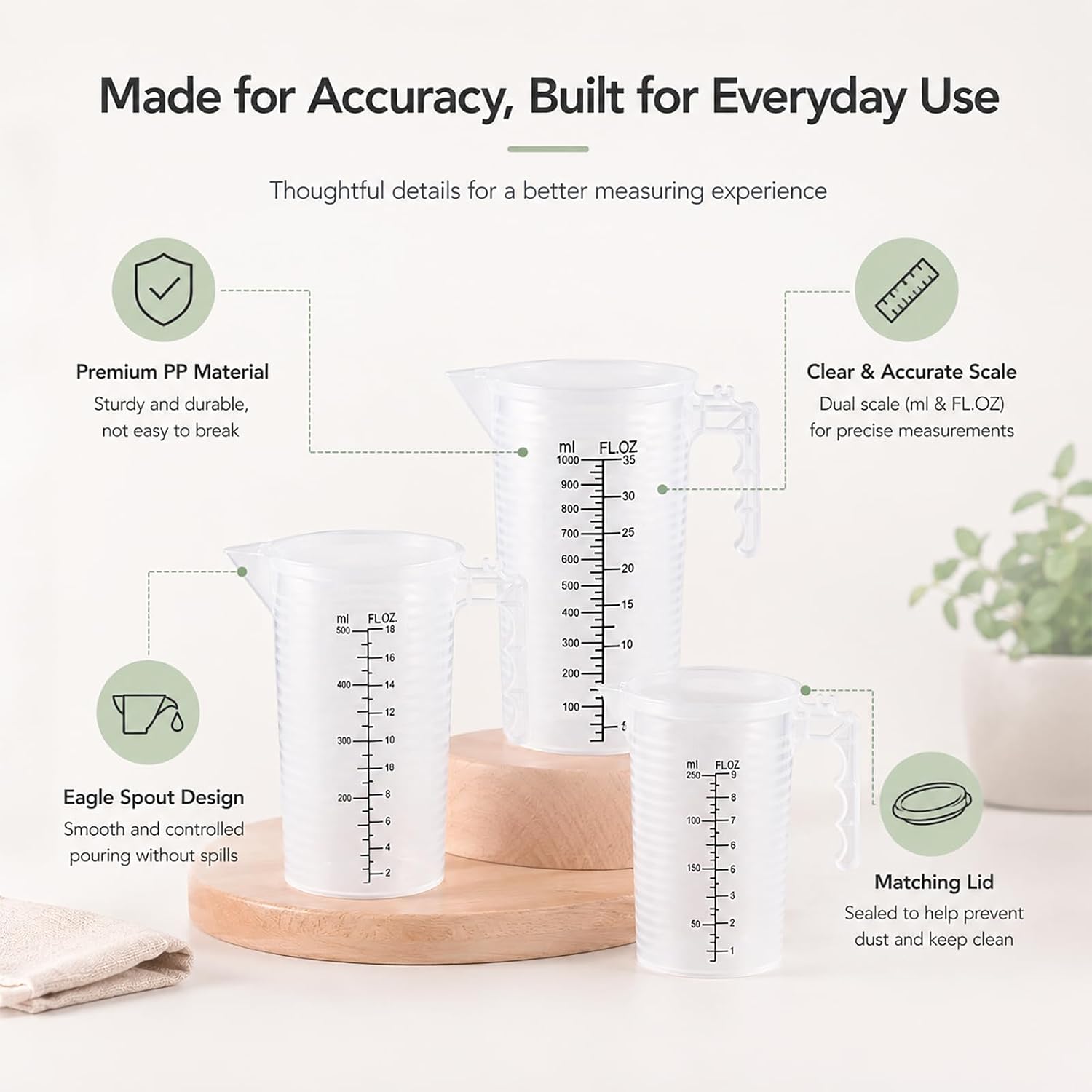 Carehabi Measuring Cup Set with Lid, 3 Pieces, 250 ml, 500 ml, 1 Litre Mixing Cup, Litre Measure, Plastic for Baking and Kitchen