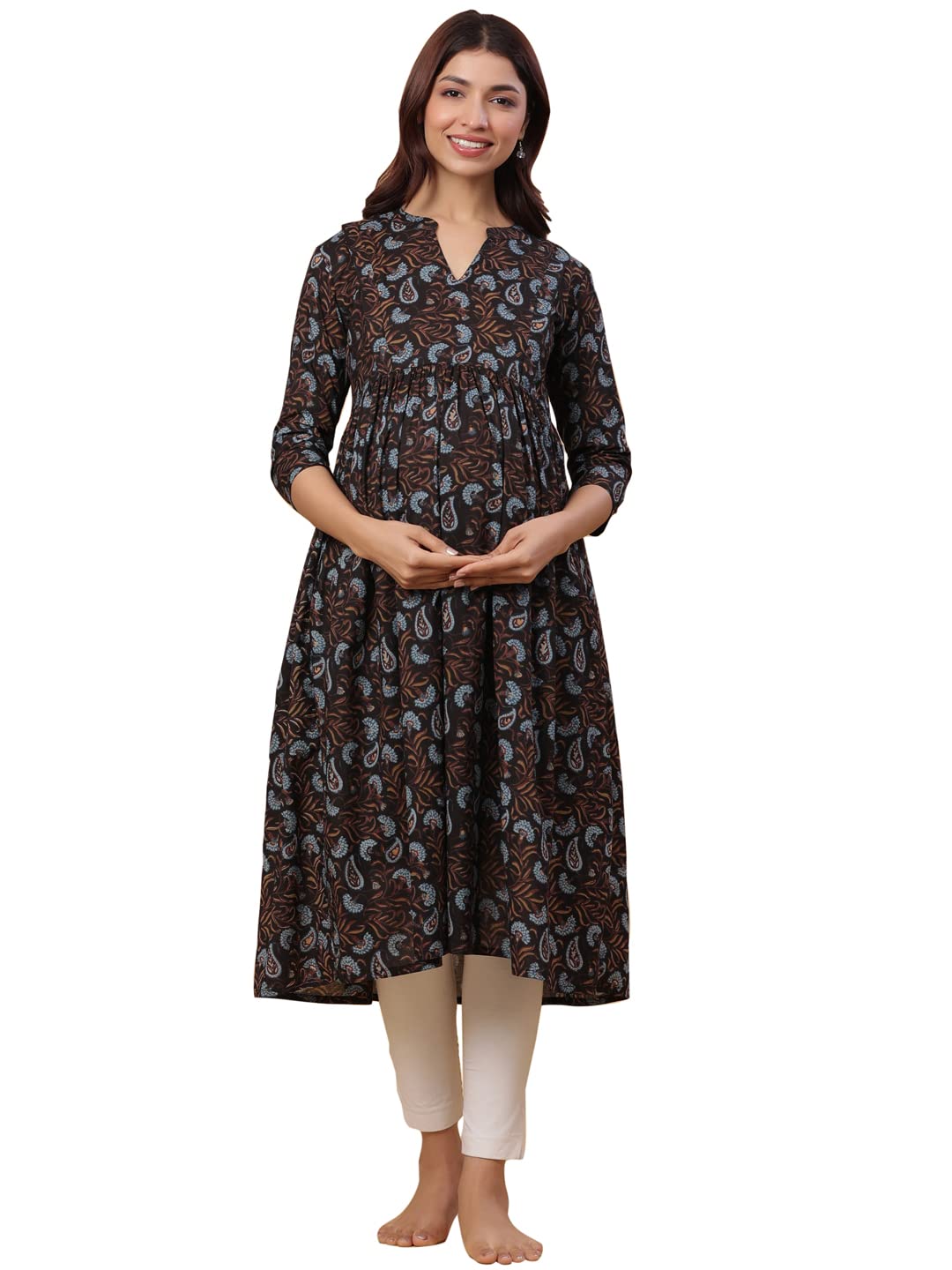Pre & Post Maternity/Nursing Wear Hand Printed Kurta/Kurti Cum Midi Dress/Nighty with Both Sides Zipper for Easy Feeding for to Be Moms & Nursing Mothers Cotton Black Blue-image-23