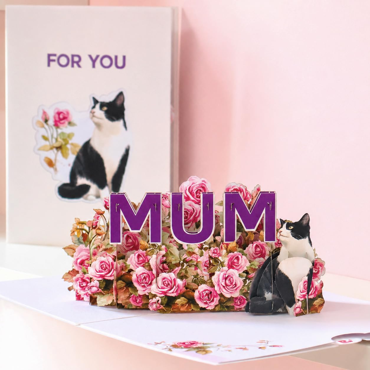 Pop Up Birthday Card for Mum with Cat & Pink Roses - 3D Pop Up Handmade Floral Card
