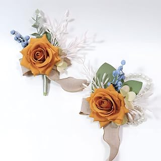 Wrist Corsage Boutonniere Rose Flower Set Orange Series for Wedding Bride Bridesmaid Groom Groomsmen Parents Lapel Flower Prom Homecoming Formal Dinner Father Daughter Dance (Caramel Set)