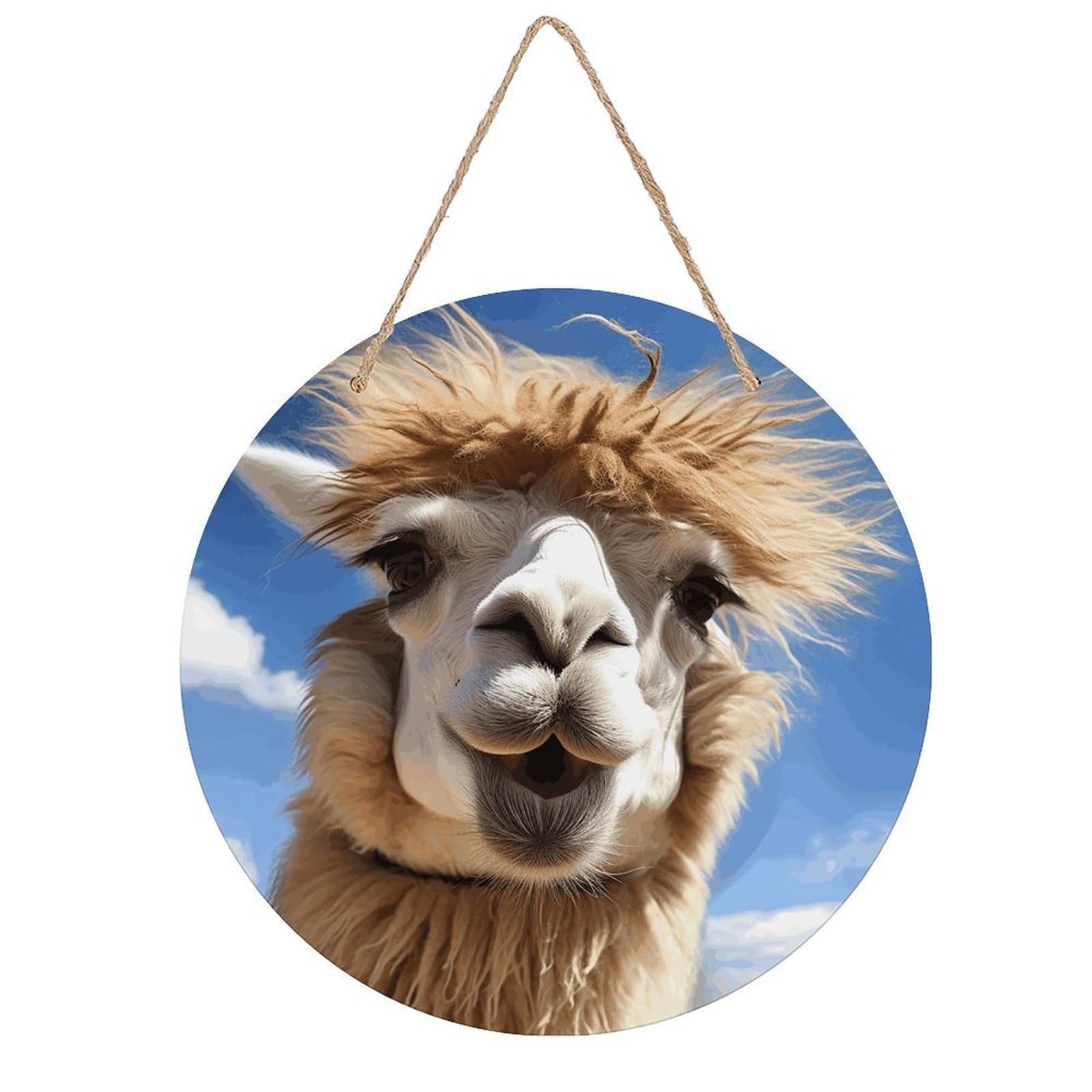 VstaDank Funny Alpaca Llama Wall Art Decor with Ropes Wooden Hanging Sign Hanging Wall Decor Artwork Round Wood Painting Modern Wall Prints Decor Picture for Office Bar Home Decors