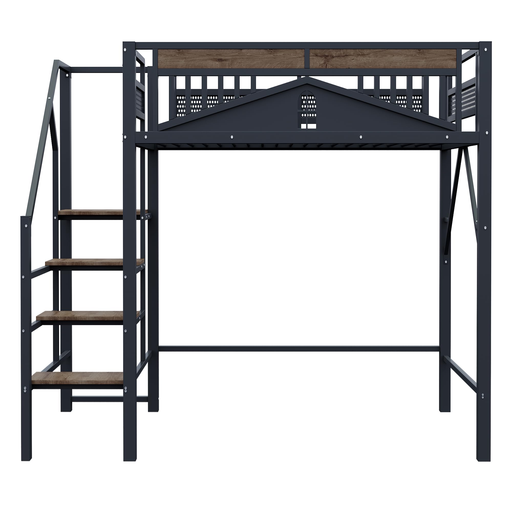 SACOOL Cama alta de metal de 140 x 200 cm, forma de carcasa única con diseño de ventana, con escalera de seguridad, mucho espacio debajo de la cama, color negro