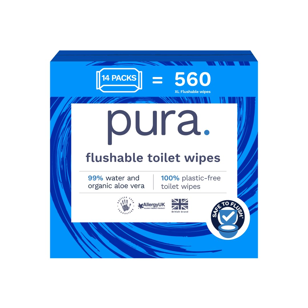 Pura Flushable Moist Toilet Tissue Wipes, 14 x 40 wipes per pack (560 Wipes) 100% Plastic Free, 99% Water Washlets, Certified Fine to Flush Biodegradable, Compostable, Vegan, Gentle, Clean, Wet Wipes