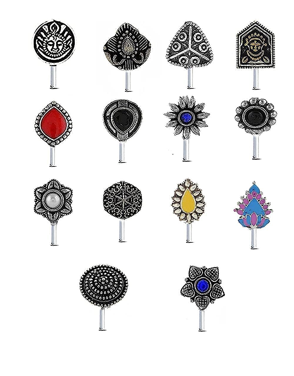 PLUS® Silver Finish Designer Studs Nose Pin For Stylish Women & Girls | Pressing Nose Rings For Women | Oxidised Nose Pin Without Piercing (Combo Design-10)-image-24