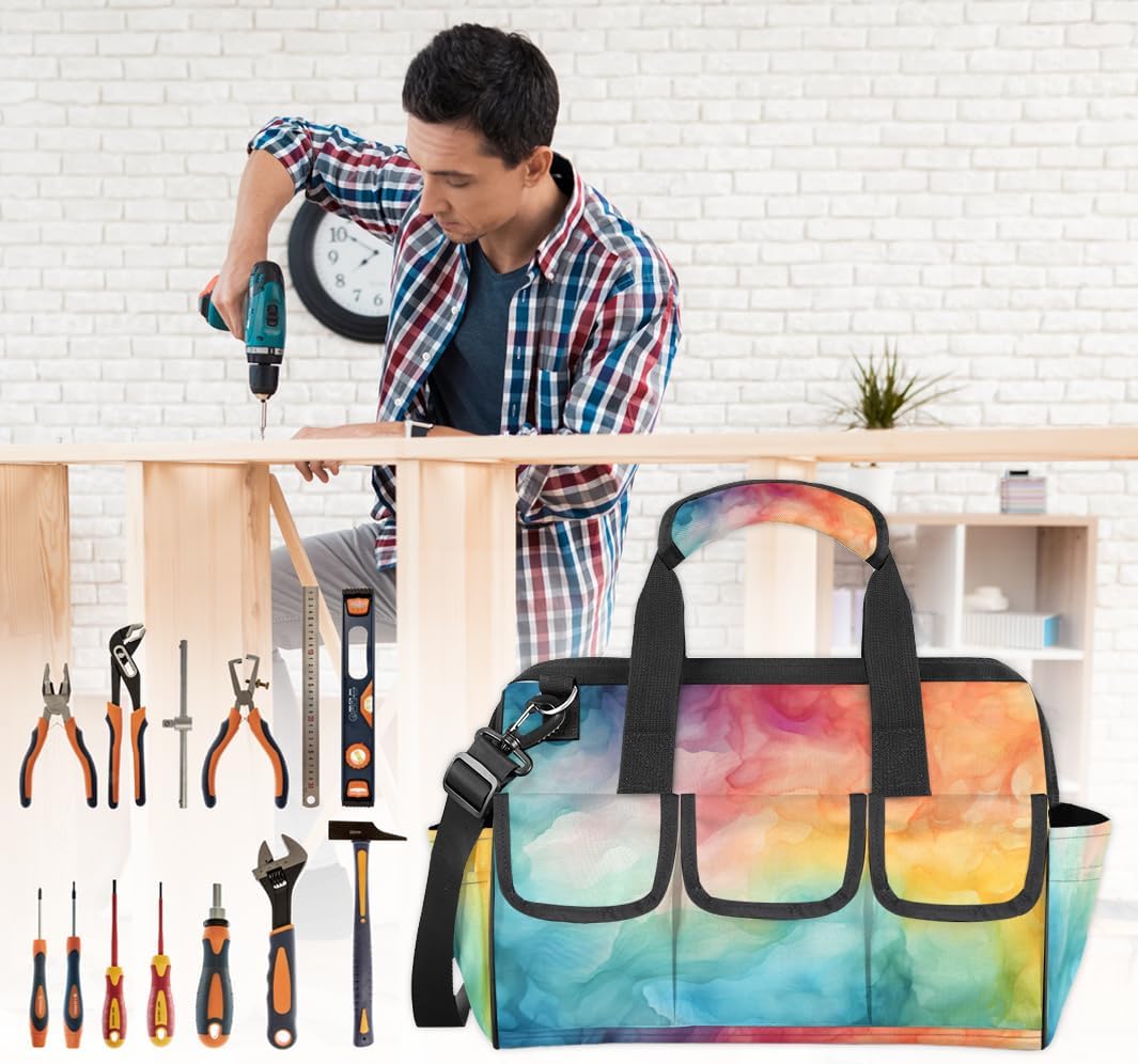 Colorful Art Fractal Tool Bag with Multi-Pockets Wide Mouth Tool Tote Bag for Women and Men Waterproof Tool Organizer Storage Bag with Adjustable Shoulder Strap and Ergonomic Handle