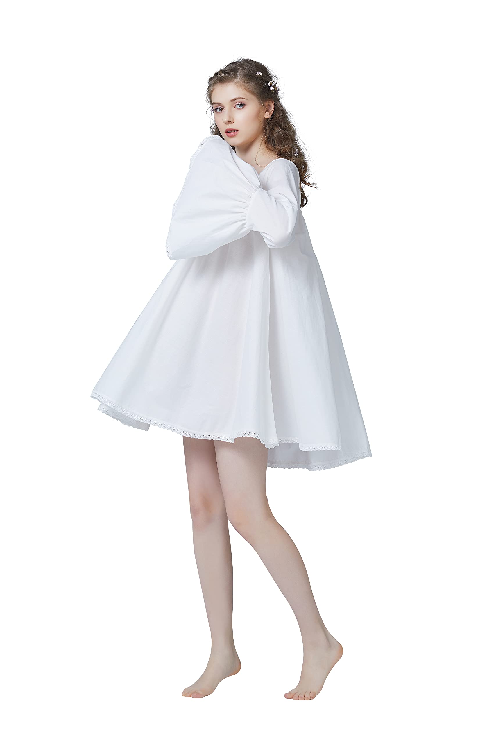 BEAUTELICATE Women Victorian Cotton Nightie Short Nightgown Oversized A-Line Baby Doll Dress Pajamas Ivory Small