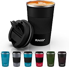 Tlater Coffee to go Mug, 380 ml, with Leak-Proof lid, Double-Walled, Stainless Steel, for Coffee and Tea (Black)