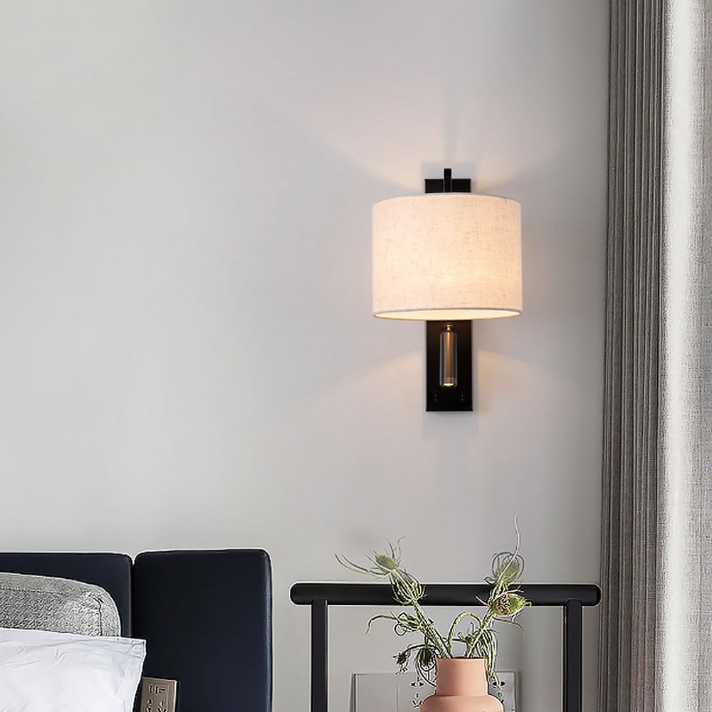 Aplique de pared de lino Foco de lectura de cabecera moderno ajustable Lámpara de pared de decoración interior cilíndrica con pantalla de tela e interruptor de encendido / apagado, accesorio de ilumin