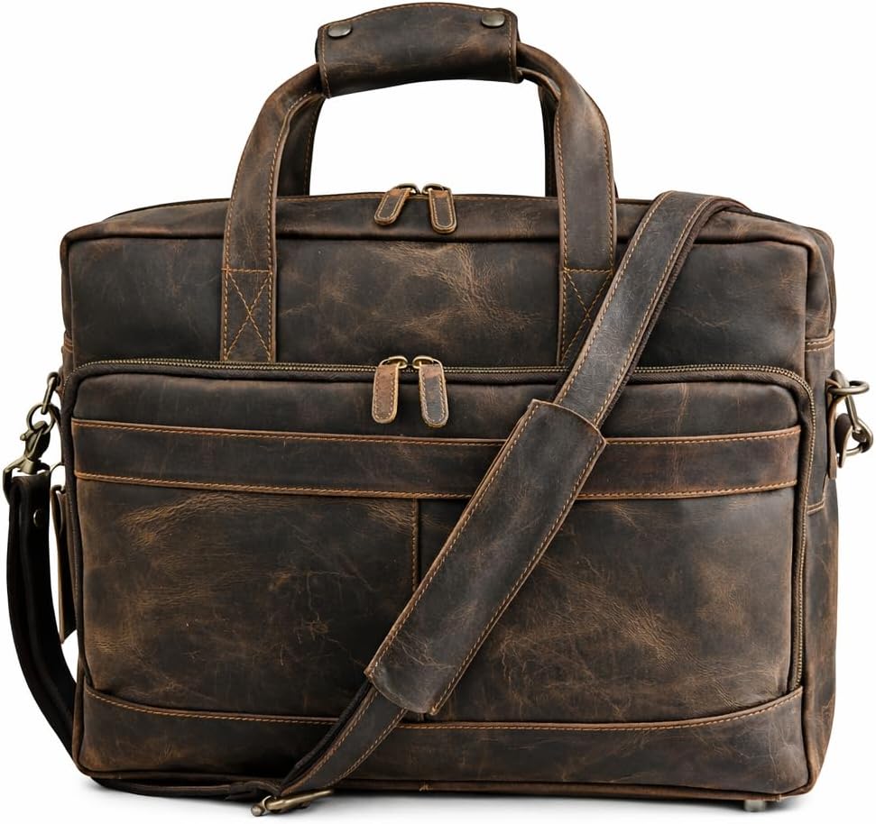 Full Grain Handcrafted 16” Leather Laptop Messenger Bag – Executive Office Briefcase with Thick Wide Shoulder Strap, Detachable Buckle & Spacious Compartments for Travel & Work