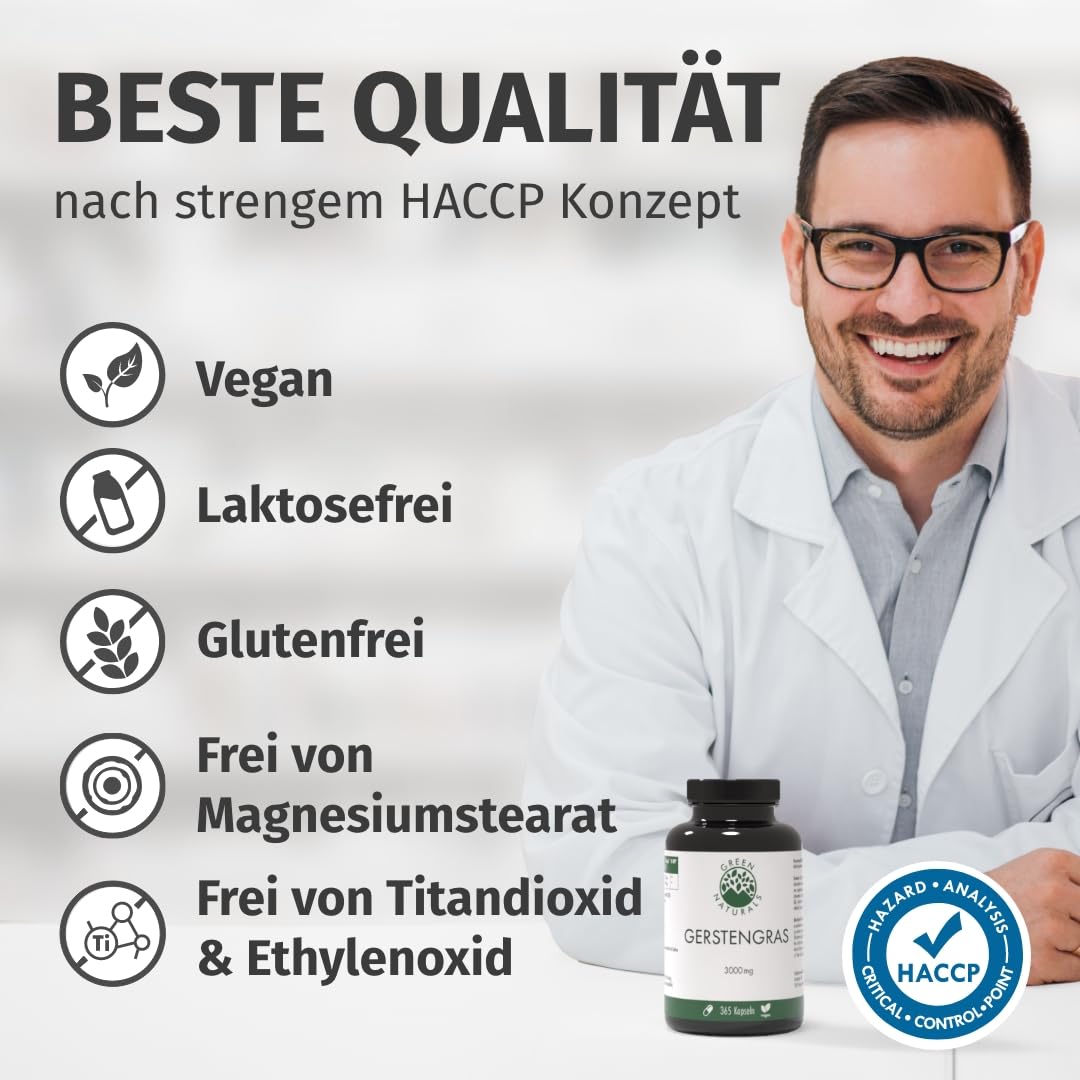 Green Naturals Gerstengras – Hochdosiert: 3.000 mg Extrakt – 365 Kapseln | 10:1 pro Tagesdosis · 3-Monatsvorrat · Laborgeprüft