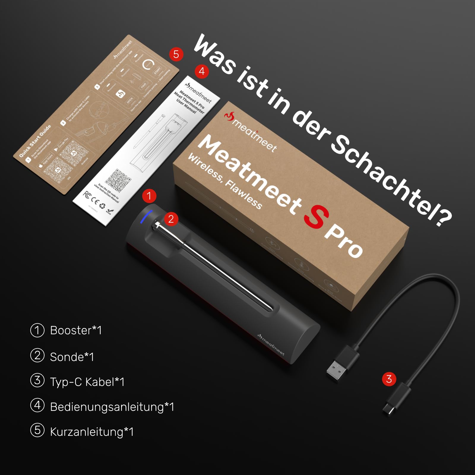 S Pro Fleischthermometer Kabellos mit Bluetooth, 6 Temperatursensoren arbeiten gleichzeitig, ±0,1°C Genauigkeit, App-Überwachung mit Timer und Alarm, IP69 wasserdicht und ölbeständig