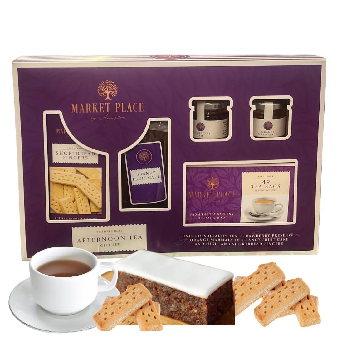 Afternoon Tea Hamper - Tea Gift Set For Women With Fruit Cake - Jam Preserve - 40 Tea Bags and Shortbread Biscuit - Valentines Day Couples Hamper - Mother's Day Hamper
