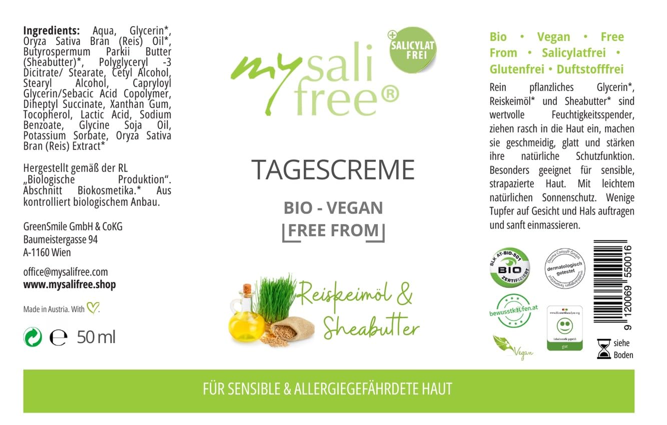 BIO TAGESCREME, natürliche Gesichtspflege für sensible Haut mit Reiskeimöl und Sheabutter, 50ml, 100% zertifizierte Biokosmetik, weltweit einzigartig, BIO + VEGAN + FREE FROM