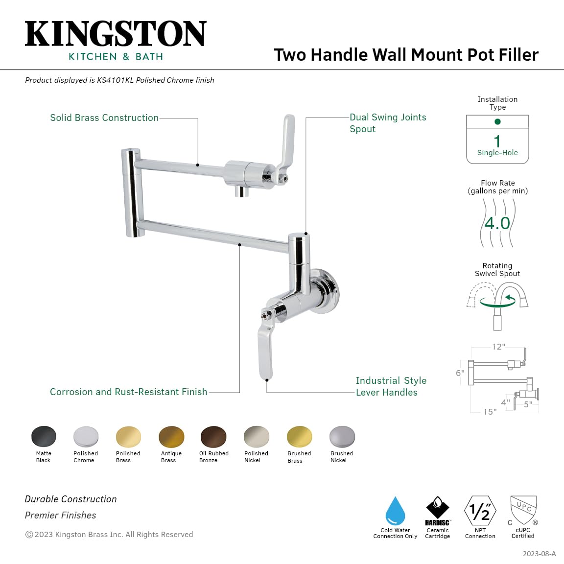 Kingston Brass KS4106KL Whitaker - Relleno de pared para ollas, níquel pulido