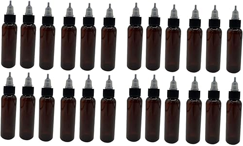 Natural Farms Botellas Cosmo ámbar de 2 onzas sin BPA, paquete de 24 recipientes vacíos recargables, aceites esenciales, cabello, tapa de apertura y