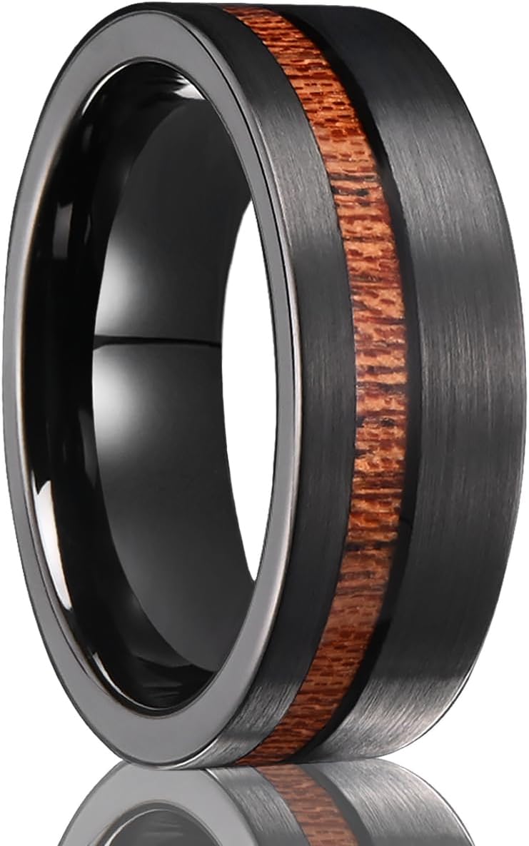 Tungsten Carbide Rings for Men 8mm Black Hammered Whiskey Barrel Wood & Elk Antler Inlay Men's Engagement Wedding Bands Matte Brushed
