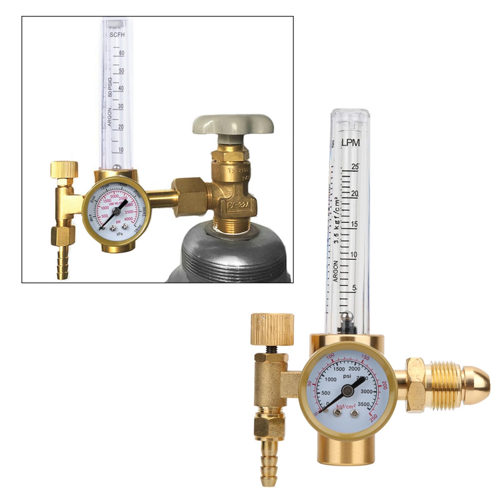 Yuecoom Argon Pressure Reducer, All Brass Argon Pressure Reducer Gas Flowmeter G5/8 Male Thread CGA580 Connector For Arc Welding Gas Cylinder